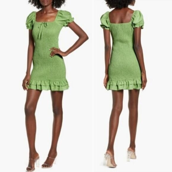 ENGLISH FACTORY / Smocked Ruffle Hem Puff Sleeve Mini Dress Green Sz M - Picture 9 of 14